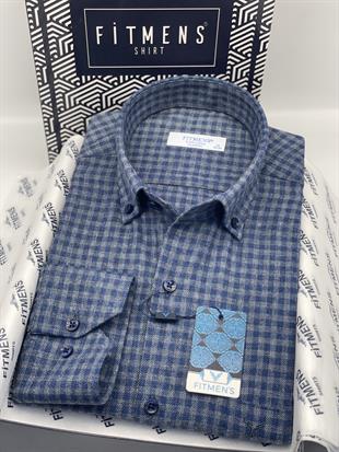 Klasik Uzun Kol Kışlık %100 Cotton Kareli Yaka Düğmeli Hediye Kutulu Erkek Gömlek FS-003127 - Mavi