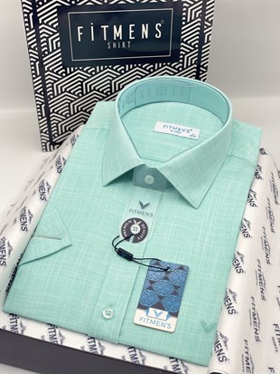 Klasik Kısa Kol Keten Yaka Alttan Düğmeli Rahat Kumaş Hediye Kutulu Erkek Gömlek FS-004588 - Mint