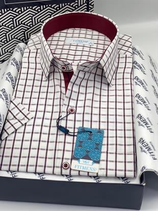 Klasik Kısa Kol Kareli Hediye Kutulu Erkek Gömlek FS-004155 - Beyaz Bordo