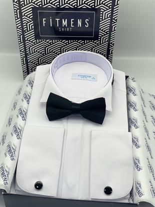 Slim Fit Uzun Kol Ata Yaka Gizli Düğmeli Smokin Damatlık Erkek Gömlek FS-004297 - Beyaz