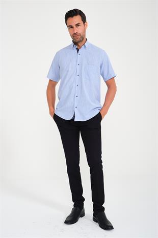 Klasik Kısa Kol Neon Kare Yaka Düğmeli Hediye Kutulu Erkek Gömlek FS-001221 - Mavi