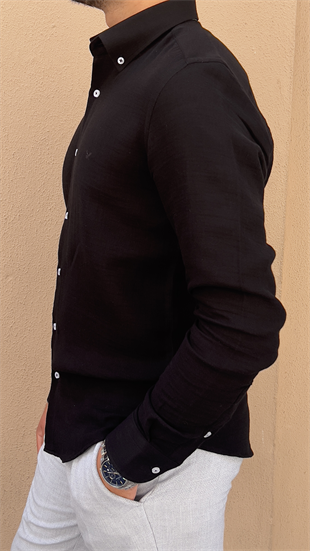 Slim Fit Uzun Kol Müslin Pamuk Rahat Nefes Alabilen Kumaştan Yaka Düğmeli Hediye Kutulu Erkek Gömlek FS-004202 - Siyah
