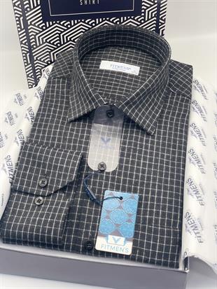 Klasik Uzun Kol Kışlık %100 Cotton Kareli Yaka Alttan Düğmeli Hediye Kutulu Erkek Gömlek FS-003130 - Siyah