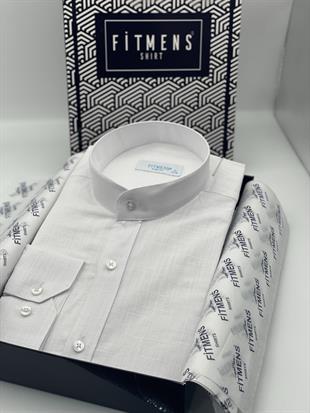 Hakim Yaka Slim Fit Keten Hediye Kutulu Erkek Gömlek FS-003042 - Beyaz
