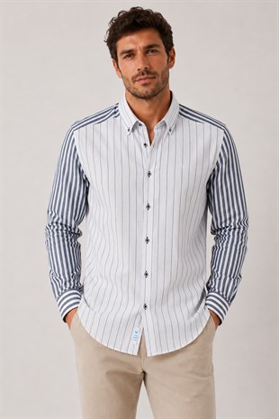 Slim Fit Uzun Kol Keten Likra Çift Desen Cepsiz Hediye Kutulu Erkek Gömlek FS-004577 - Lacivert