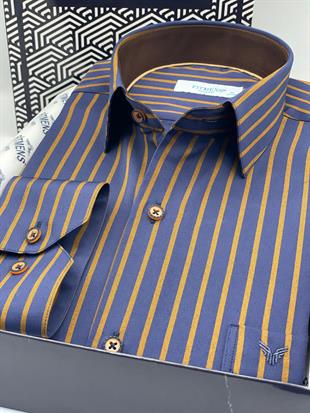 Klasik Uzun Kol Premium Çizgili Hediye Kutulu Erkek Gömlek FS-003941 - Lacivert Kahve