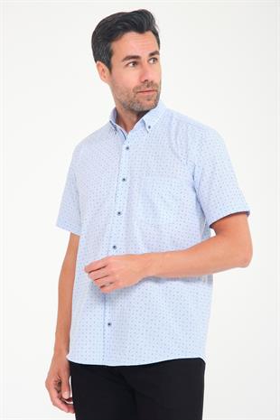 Klasik Kısa Kol Çarpı Filafil Desen Düğmeli Yaka Hediye Kutulu Erkek Gömlek FS-001215 - Mavi