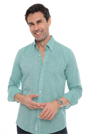 Slim Fit Uzun Kol Yaka Düğmeli Nefes Alan Keten Hediye Kutulu Erkek Gömlek FS-004548 - Açık Yeşil