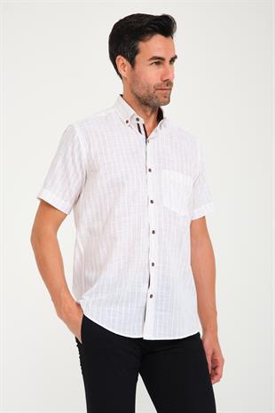 Klasik Kısa Kol Armür Çizgili Flam Keten Düğmeli Yaka Hediye Kutulu Erkek Gömlek FS-000678 - Ekru