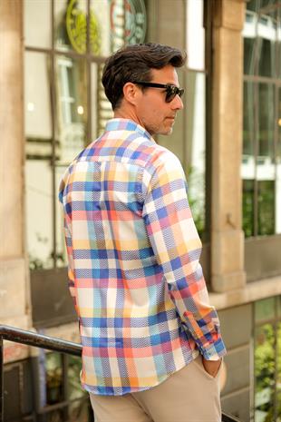 Slim Fit Uzun Kol Dijital Baskılı Likralı Yaka Alttan Düğmeli Renkli Gömlek FS-003232 - Sarı