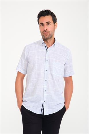 Klasik Kısa Kol Büyük Kare Flam Keten Düğmeli Yaka Hediye Kutulu Erkek Gömlek FS-000714 - Lacivert