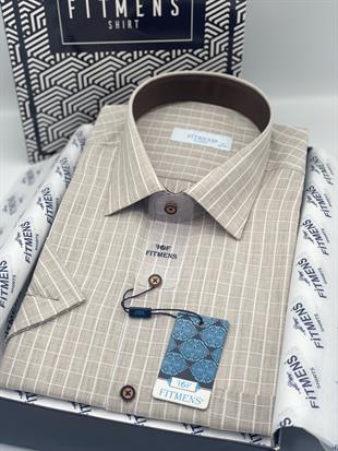 Klasik Kısa Kol Kareli Hediye Kutulu Erkek Gömlek FS-004158 - Bej