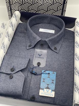 Klasik Uzun Kol Kışlık Yaka Düğmeli Yünlü %100 Cotton Hediye Kutulu Erkek Gömlek FS-003768 - İndigo