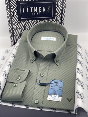 Slim Fit Uzun Kol Baklava Desen Kol Nakışlı Yaka Düğmeli Hediye Kutulu Şık Erkek Gömlek FS-004200 - Yeşil