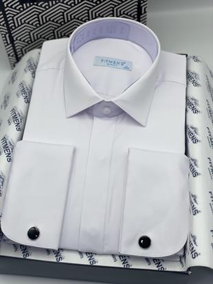 Slim Fit Uzun Kol Gizli Düğmeli Likralı Smokin Damatlık Erkek Gömlek FS-004296 - Beyaz