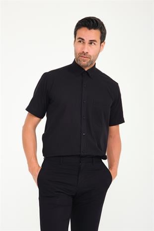 Klasik Kısa Kol Linen Keten Yaka Düğmeli Hediye Kutulu Erkek Gömlek FS-001202 - Siyah