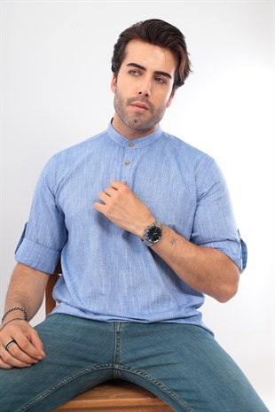 Slim Fit Uzun Kol Hakim Yaka Yarım Patlı Hediye Kutulu Erkek Gömlek FS-003687 - Mavi