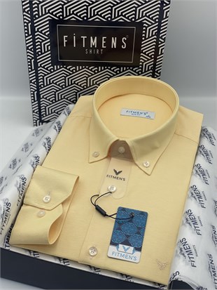 Slim Fit Uzun Kol Pamuklu Hediye Kutulu Kolay Ütülenebilir Erkek Gömlek FS-002225 - Sarı