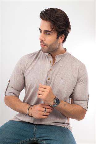 Slim Fit Uzun Kol Hakim Yaka Yarım Patlı Hediye Kutulu Erkek Gömlek FS-003687 - Kahverengi