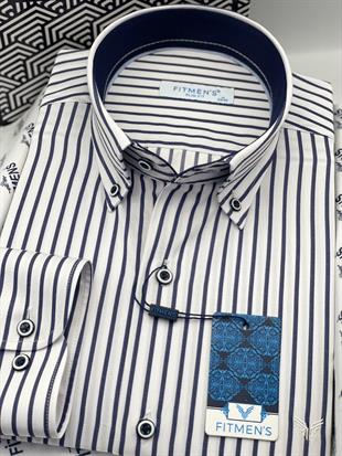 Slim Fit Uzun Kol Premium Kalın Çizgili Yaka Düğmeli Hediye Kutulu Kolay Ütülenebilir Erkek Gömlek FS-001375 - Beyaz Lacivert