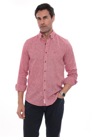 Slim Fit Uzun Kol Yaka Düğmeli Nefes Alan Keten Hediye Kutulu Erkek Gömlek FS-004548 - Kırmızı