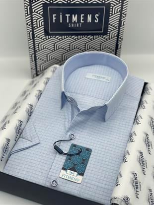 Klasik Kısa Kol Keten Cotton Kareli Pamuk Hediye Kutulu Erkek Gömlek FS-003009 - Açık Mavi