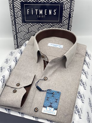 Klasik Uzun Kol Keten Cotton Hediye Kutulu Erkek Gömlek FS-001261 - Bej