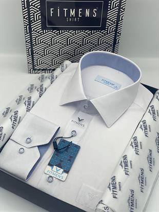 Klasik Uzun Kol Keten Cotton Hediye Kutulu Erkek Gömlek FS-001261 - Beyaz Açık Mavi