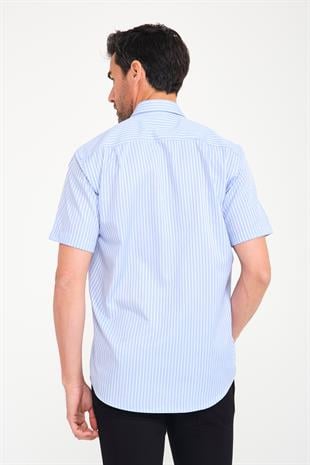 Klasik Kısa Kol Kalın Çizgili Hediye Kutulu Erkek Gömlek FS-000702 - Açık Mavi