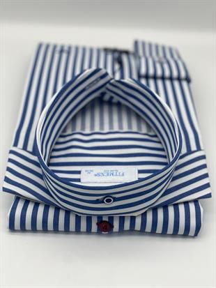 Slim Fit Uzun Kol Likralı Çizgili Yaka Düğmeli Hediye Kutulu Erkek Gömlek FS-003669 - Saks Mavi