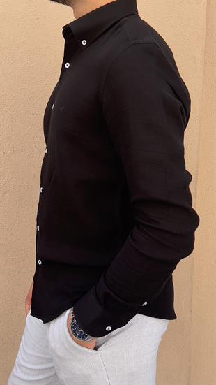 Slim Fit Uzun Kol Müslin Pamuk Rahat Nefes Alabilen Kumaştan Yaka Düğmeli Hediye Kutulu Erkek Gömlek FS-004202 - Siyah