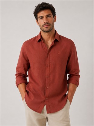 Slim Fit Uzun Kol %100 Keten Nefes Alabilen Kumaştan Hediye Kutulu Erkek Gömlek FS-004170 - Kiremit