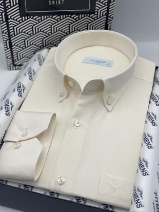 Klasik Uzun Kol Pamuklu Yaka Düğmeli Hediye Kutulu Kolay Ütülenebilir Erkek Gömlek FS-003897 - Krem