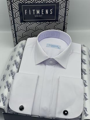 Slim Fit Uzun Kol Gizli Düğmeli Likralı Smokin Damatlık Erkek Gömlek FS-004296 - Beyaz