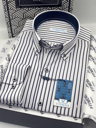 Slim Fit Uzun Kol Premium Kalın Çizgili Yaka Düğmeli Hediye Kutulu Kolay Ütülenebilir Erkek Gömlek FS-001375 - Beyaz Lacivert
