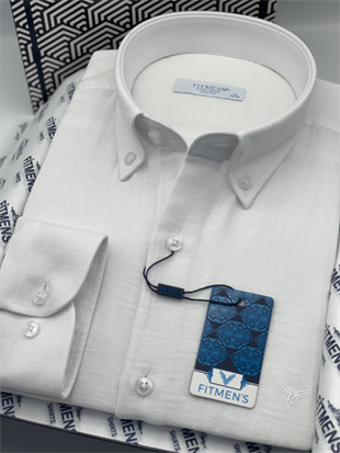 Slim Fit Uzun Kol Müslin Pamuk Rahat Nefes Alabilen Kumaştan Yaka Düğmeli Hediye Kutulu Erkek Gömlek FS-004202 - Beyaz