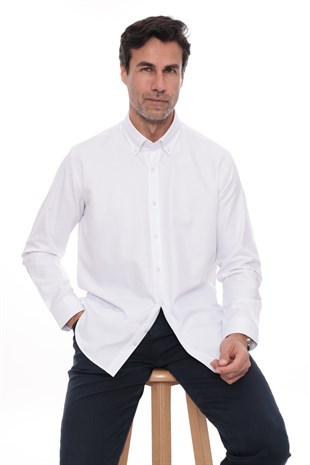 Slim Fit Uzun Kol Baklava Desen Kol Nakışlı Yaka Düğmeli Hediye Kutulu Şık Erkek Gömlek FS-004200 - Beyaz