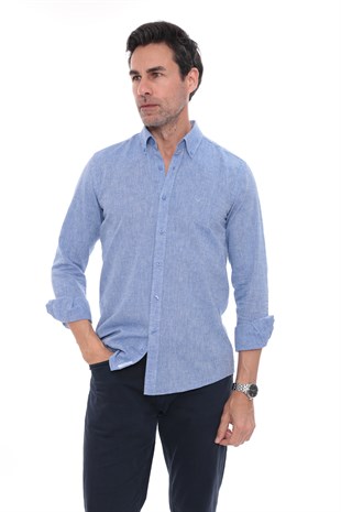 Slim Fit Uzun Kol Yaka Düğmeli Nefes Alan Keten Hediye Kutulu Erkek Gömlek FS-004548 - Koyu Mavi