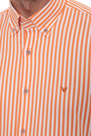 Slim Fit Uzun Kol Likralı Çizgili Yaka Düğmeli Hediye Kutulu Erkek Gömlek FS-003669 - Turuncu