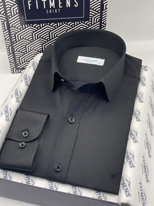 Slim Fit Uzun Kol Saten Hediye Kutulu Kolay Ütülenebilir Erkek Gömlek FS-002968 - Siyah