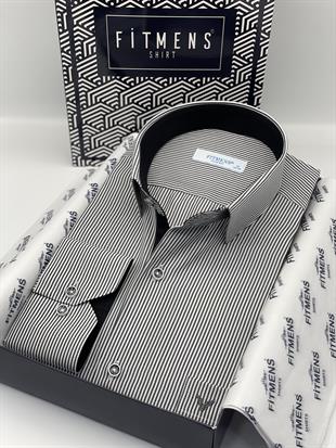 Klasik Uzun Kol İnce Çizgili Cepli Hediye Kutulu Erkek Gömlek FS-003317 - Beyaz Siyah