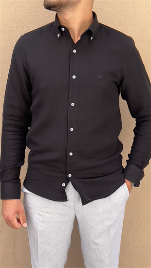 Slim Fit Uzun Kol Müslin Pamuk Rahat Nefes Alabilen Kumaştan Yaka Düğmeli Hediye Kutulu Erkek Gömlek FS-004202 - Siyah