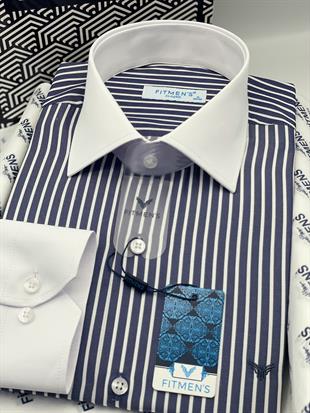 Klasik Uzun Kol Cepsiz Yaka Manşet Beyaz Hediye Kutulu Erkek Gömlek FS-004328 - Lacivert Beyaz