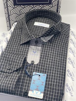 Klasik Uzun Kol Kışlık %100 Cotton Kareli Yaka Alttan Düğmeli Hediye Kutulu Erkek Gömlek FS-003130 - Siyah