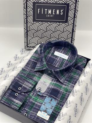 Klasik Uzun Kol Efektli Ekose Keten Cepsiz Yaka Alttan Düğmeli Erkek Hediye Kutulu Gömlek FS-003173 - Yeşil