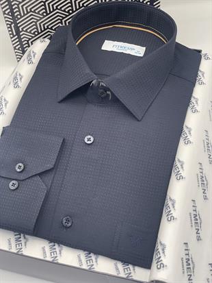 Klasik Uzun Kol Kare Armür Desenli Hediye Kutulu Erkek Gömlek FS-002151 - Lacivert