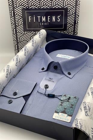 Klasik Uzun Kol Pöti Kareli Yaka Düğmeli Hediye Kutulu Erkek Gömlek FS-002273 - Mavi