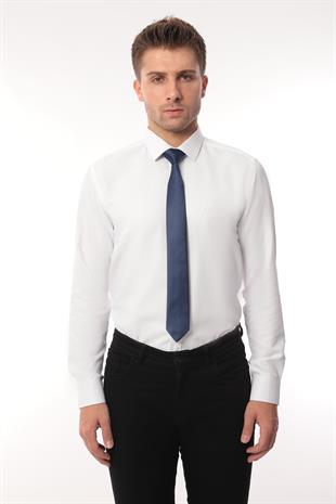 Gömlek Kravat Kol Düğmesi Seti (Hediye Kutusunda Düz Kravat+ Saten Gömlek + Kol Düğ.) FS-003021 - Beyaz Lacivert