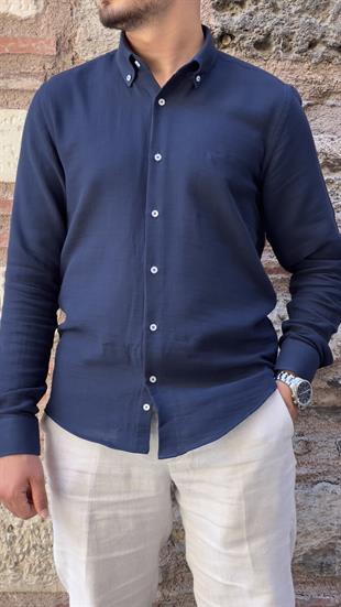 Slim Fit Uzun Kol Müslin Pamuk Rahat Nefes Alabilen Kumaştan Yaka Düğmeli Hediye Kutulu Erkek Gömlek FS-004202 - Lacivert
