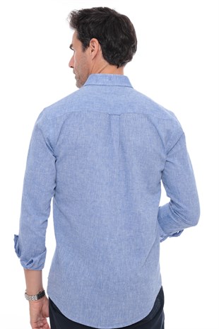 Slim Fit Uzun Kol Yaka Düğmeli Nefes Alan Keten Hediye Kutulu Erkek Gömlek FS-004548 - Koyu Mavi